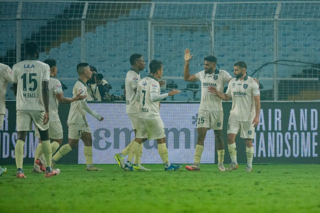 Hugo Boumous of Odisha FC celebrating after scoring Odisha's second goal.