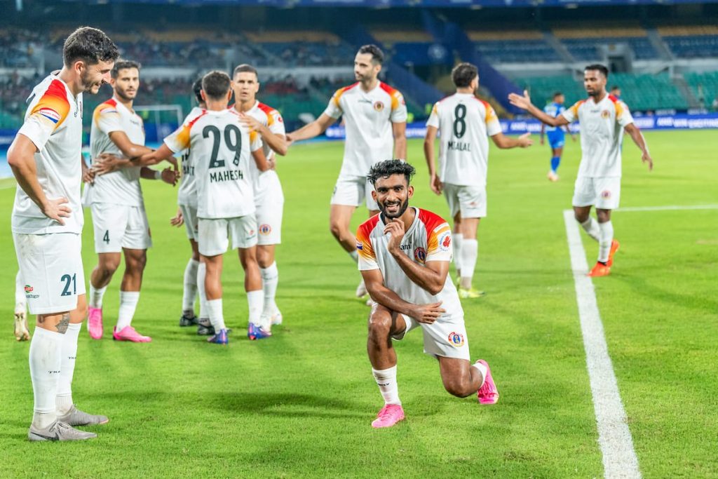 PV Vishnu celebrating after scoring against Chennaiyin FC in ISL 2024-25
