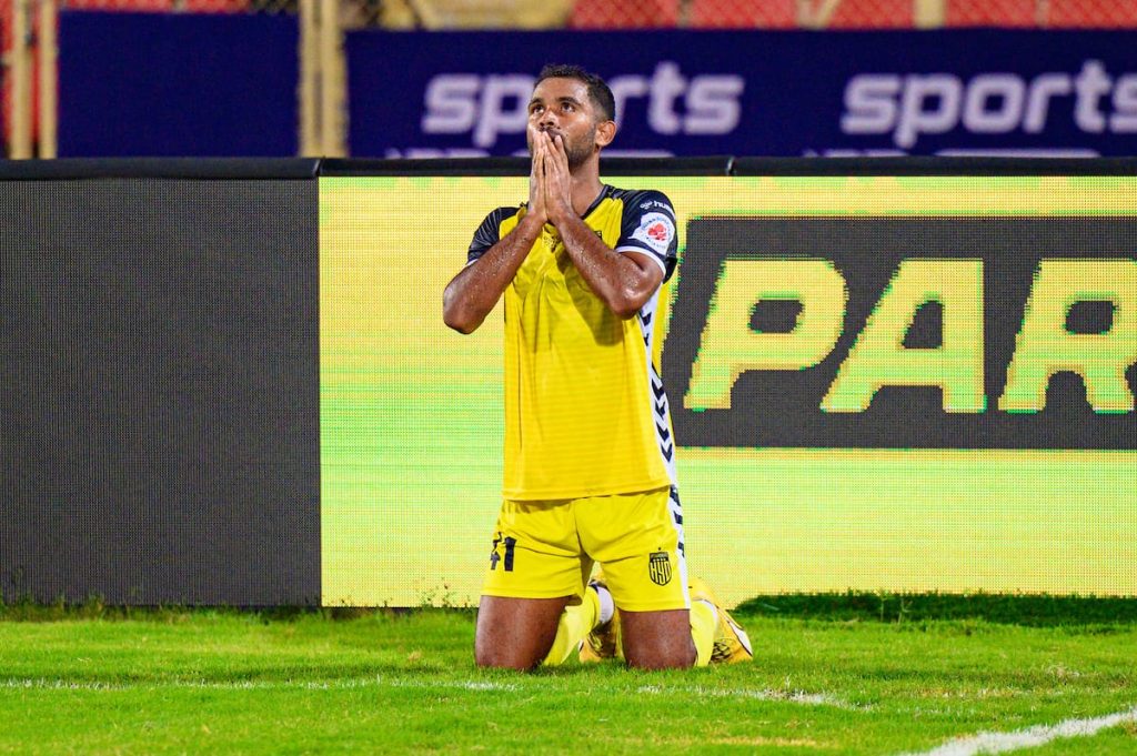 Manoj Mohammad of Hyderabad FC after scoring late equalizer against East Bengal FC