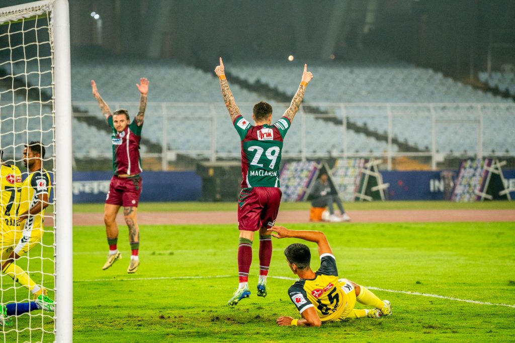 Mohun Bagan SG players celebrating after an own goal by Hyderabad FC