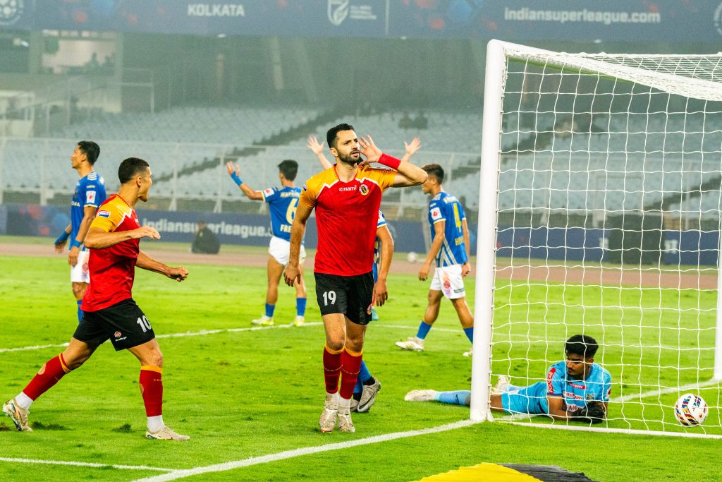 Hijazi Maher of East Bengal FC after scoring against Kerala Blasters FC