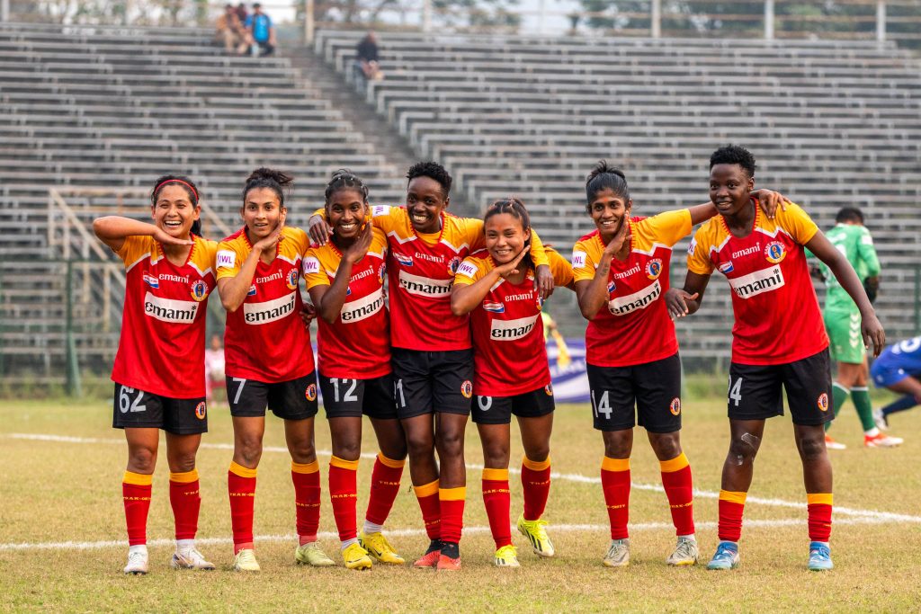 Soumya Guguloth and other East Bengal players celebrating after scoring against Sethu FC