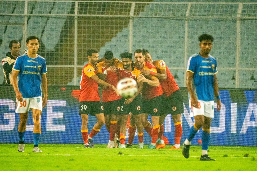 PV Vishnu and East Bengal FC players celebrating after scoring the 1st goal of the match