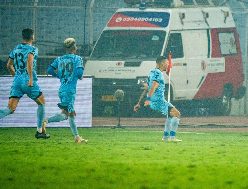Karelis of Mumbai City FC after scoring his 2nd goal against East Bengal FC