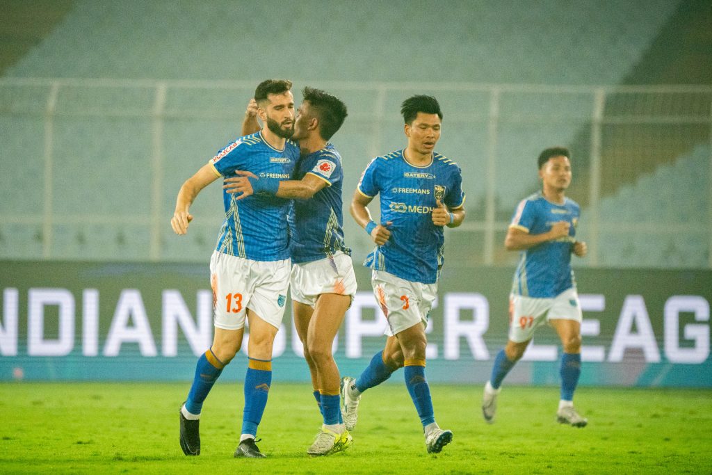 Danish Farooq of Kerala Blasters FC after scoring against East Bengal FC