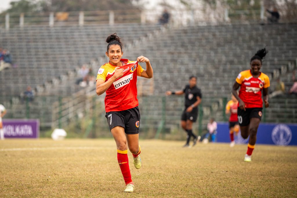 Soumya Guguloth of East Bengal FC celebrating after scoring against Shribhumi FC in IWl 