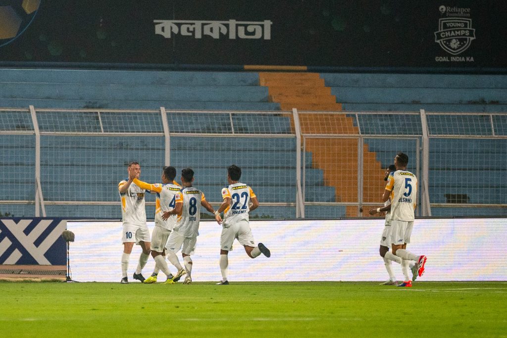 Chennaiyin FC players celebrating after scoring against Mohammedan SC