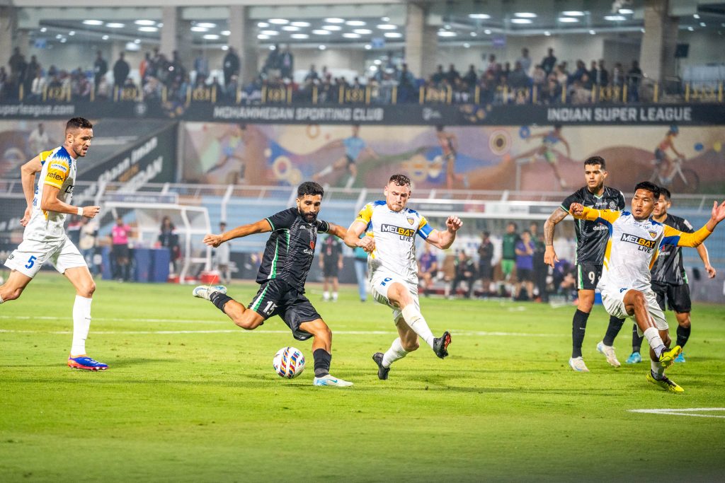 Manvir of Mohammedan SC taking goal scoring shot against Chennaiyin FC