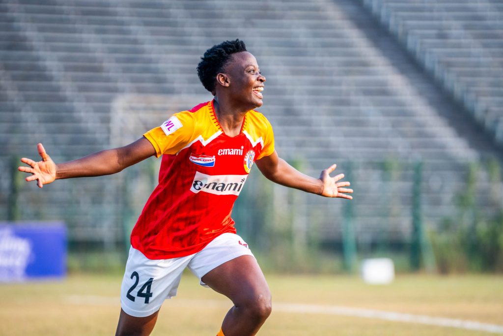 Resty Nanziri of East Bengal celebrating after scoring against Kickstart in IWL 2024-25