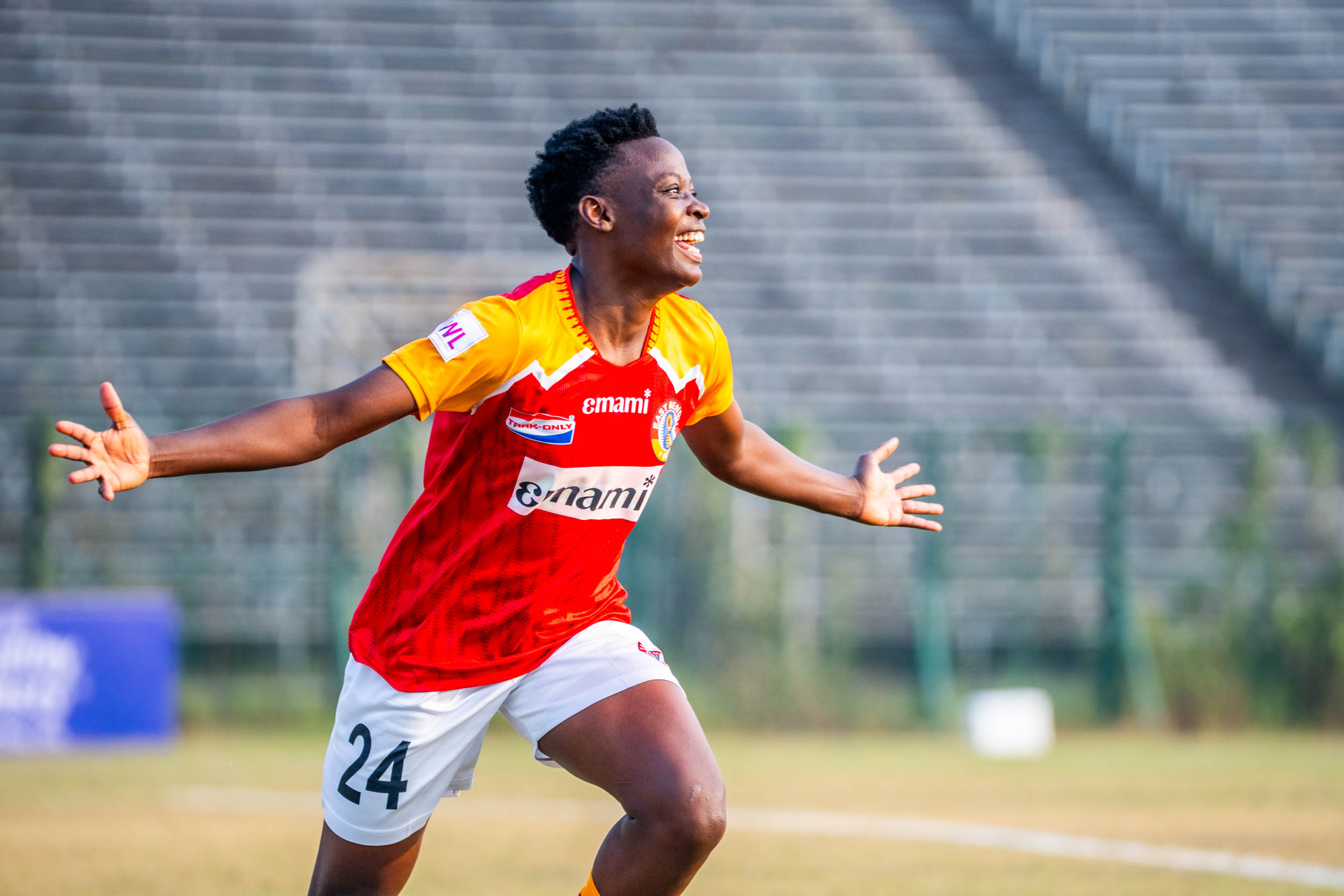 Resty Nanziri of East Bengal celebrating after scoring against Kickstart in IWL 2024-25