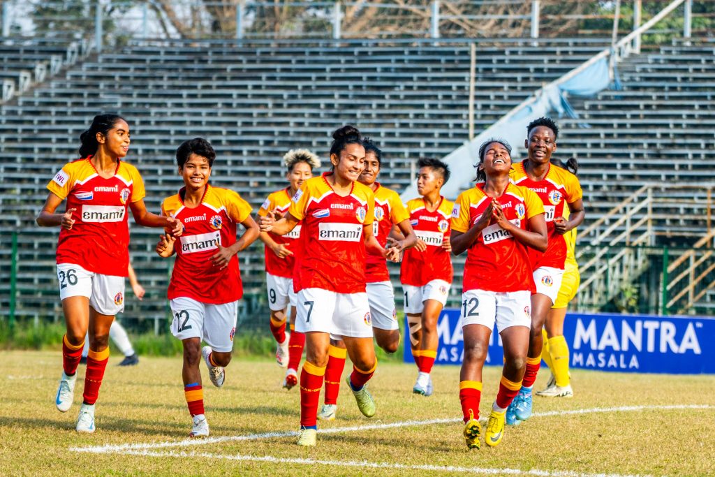 Sandhiya and other East Bengal FC's players celebrating after scoring against Kickstart FC in IWL 2024-25