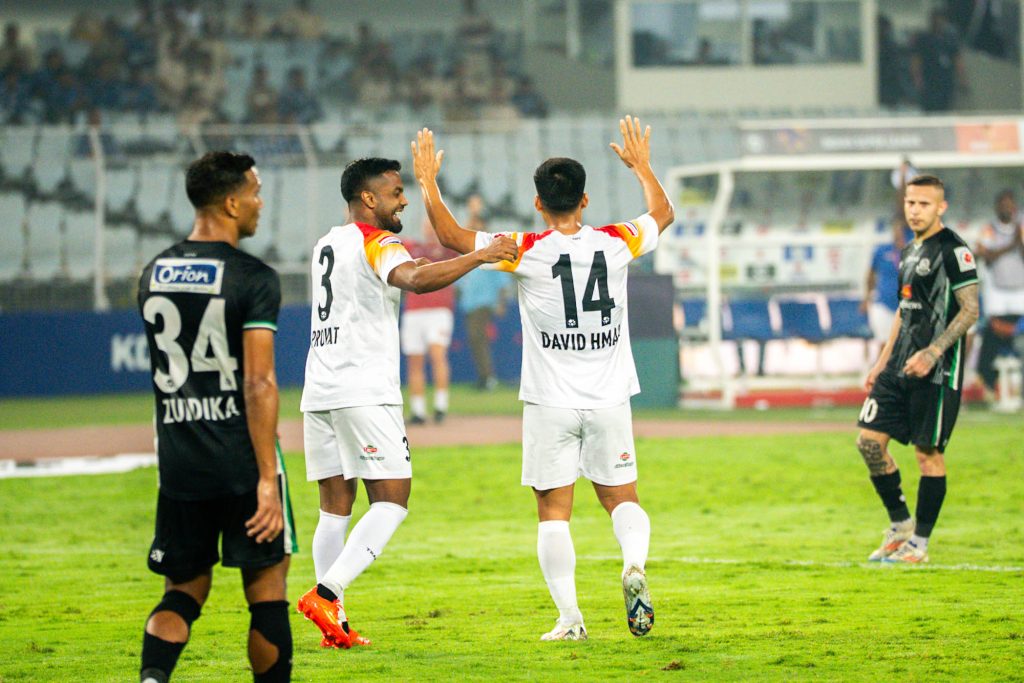 David of East Bengal FC celebrating  his goal against Mohammedan SC