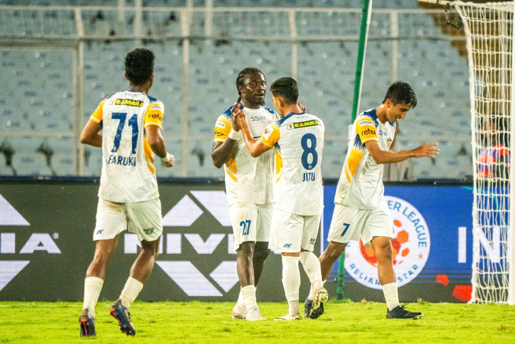 Chima Chukwu of Chennaiyin FC celebrating after scoring against East Bengal FC