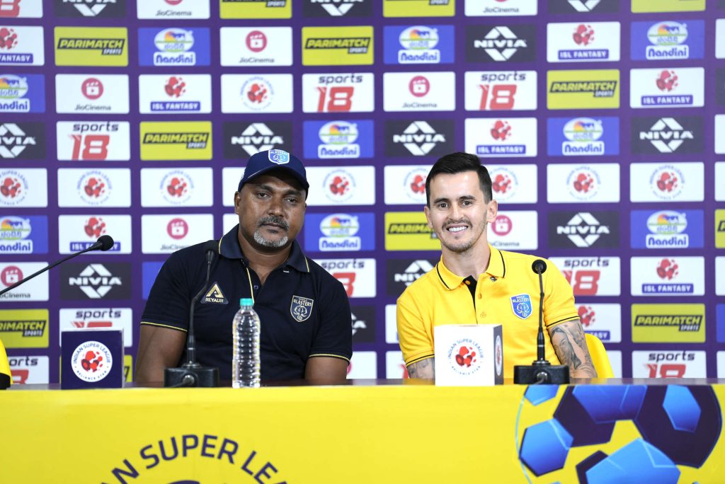 Kerala Blasters FCs Coach and player at pre match conference before the match against Mohun Bagan SG