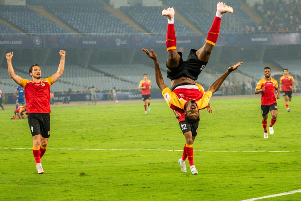 Messi Bouli of East Bengal FC celebrating after scoring against Bengaluru FC