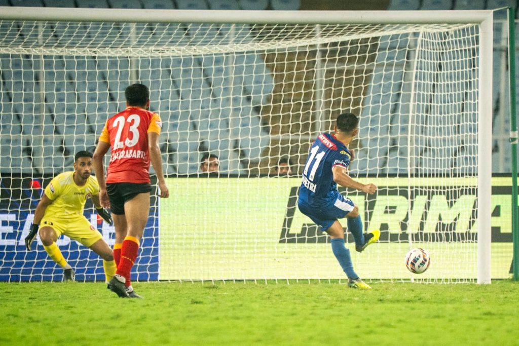 Sunil Chhetri of Bengaluru FC taking penalty against East Bengal FC