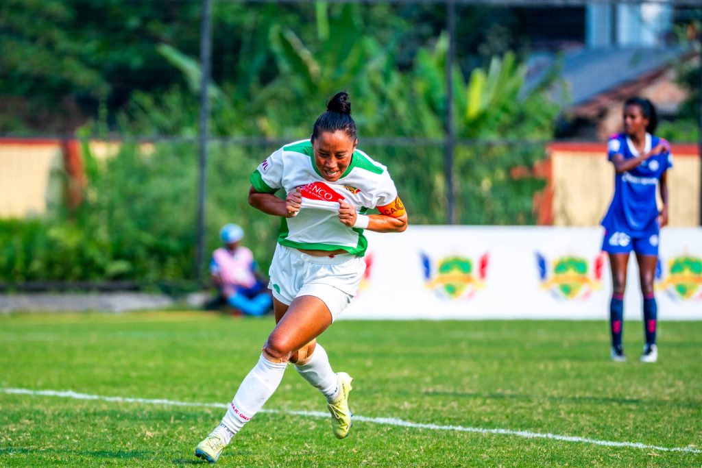 Bala Devi of Sribhumi FC after scoring the 1st goal against Hops FC in