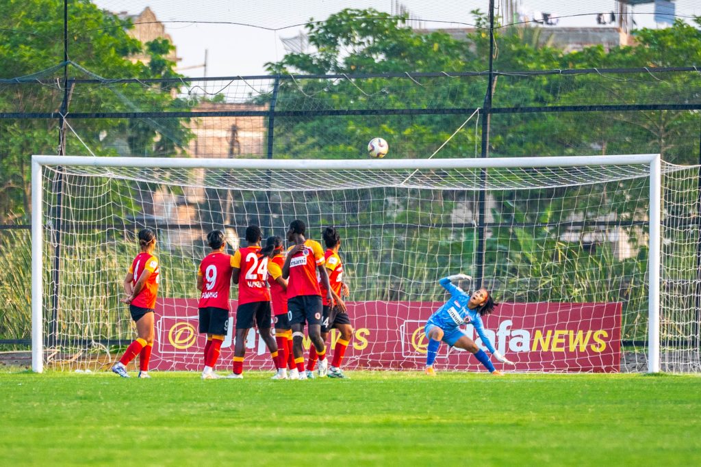 Free Kick taken by Sandra Atinga of Sribhumi FC going into the nets of East Bengal FC