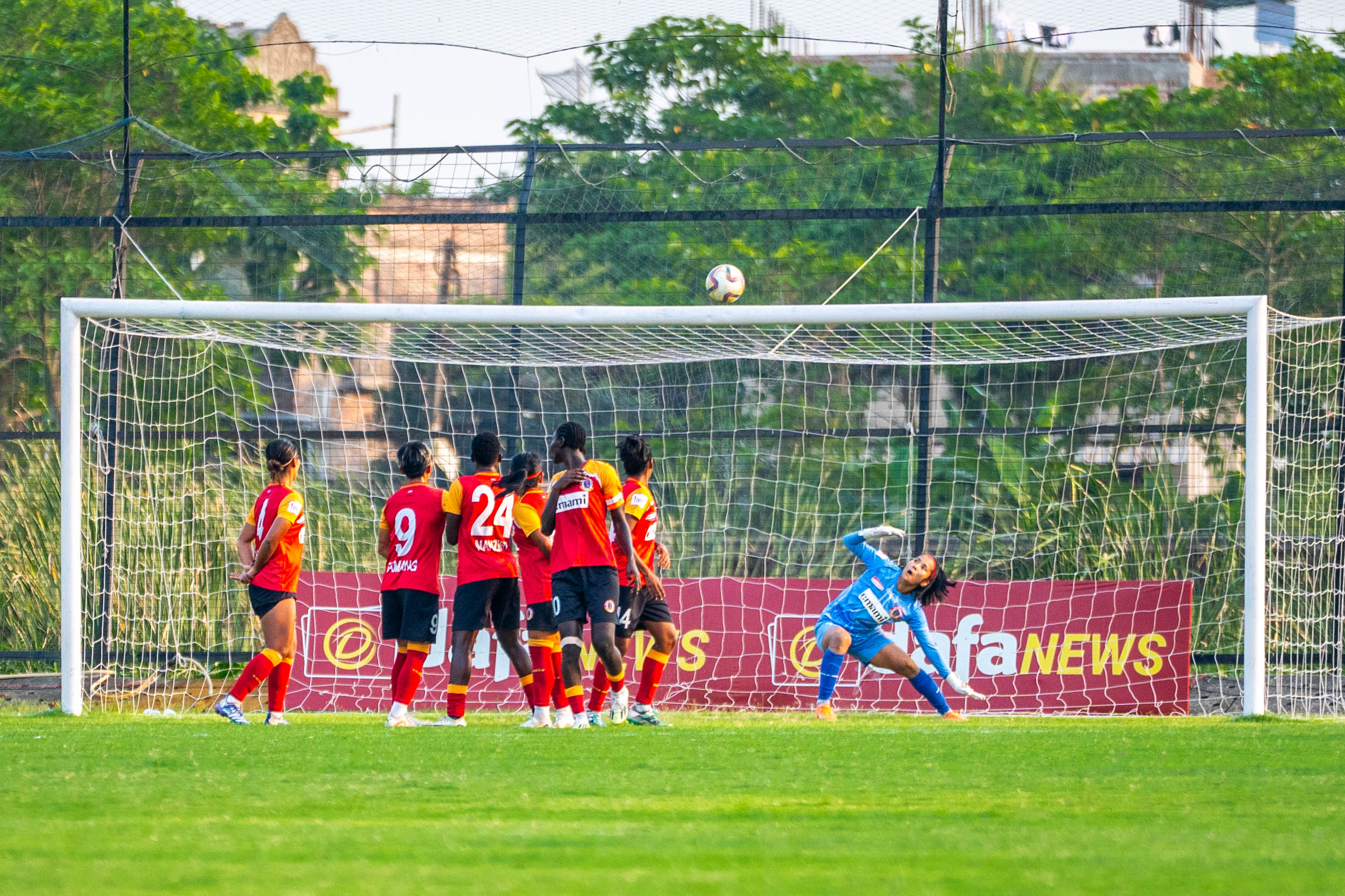 Free Kick taken by Sandra Atinga of Sribhumi FC going into the nets of East Bengal FC