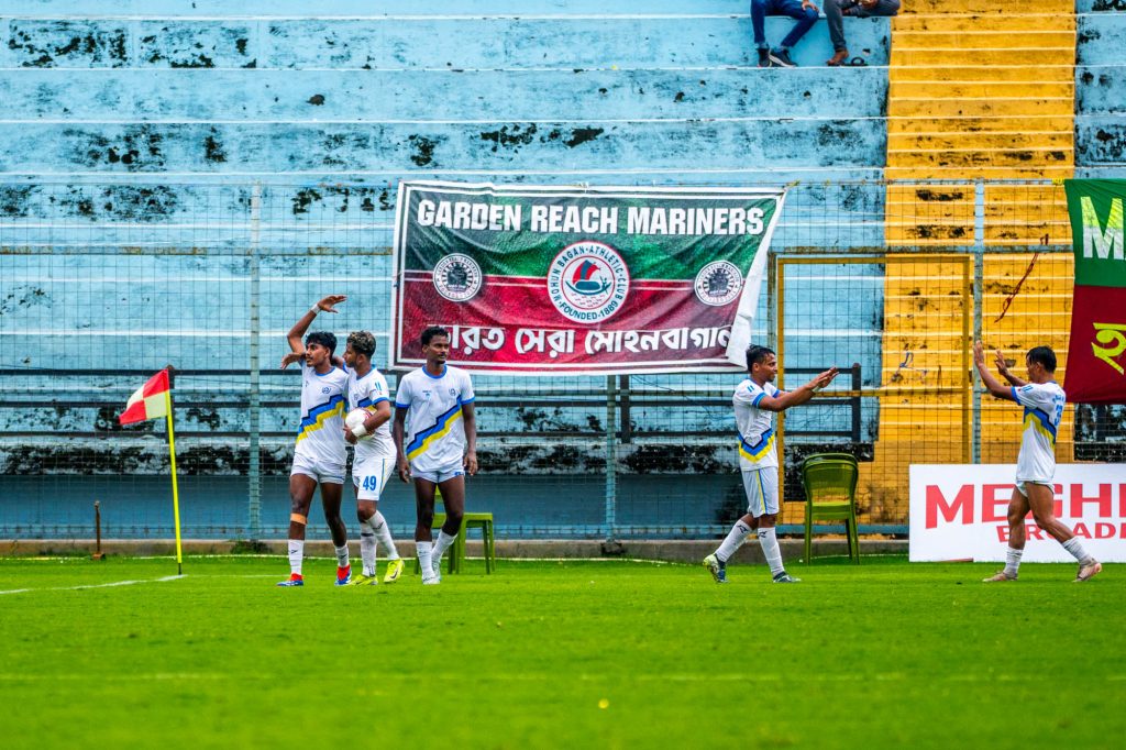 Police AC players celebrating after scoring against Mohun Bagan SG in CFL 2025