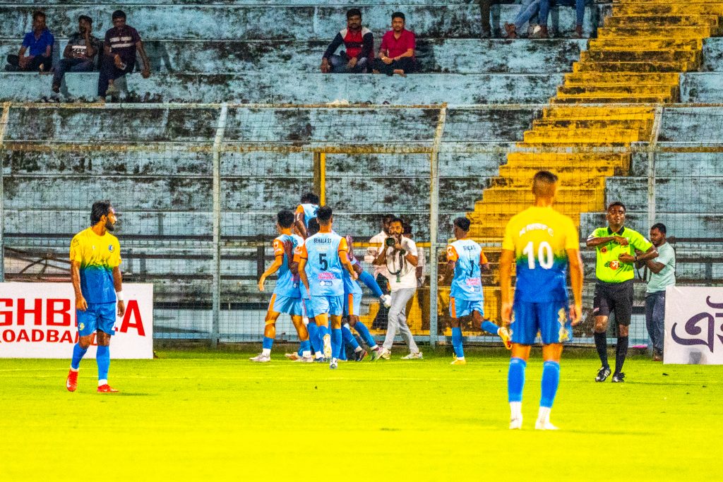 BSS Sporting players celebrating after scoring against KalighatMS