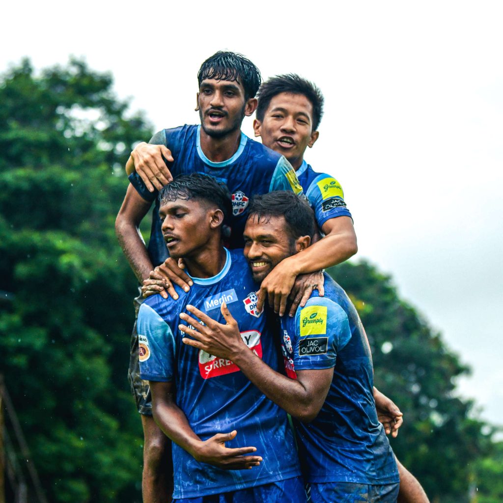 Akash Hembram and other players of Diamond Harbour FC celebrating after scoring goal