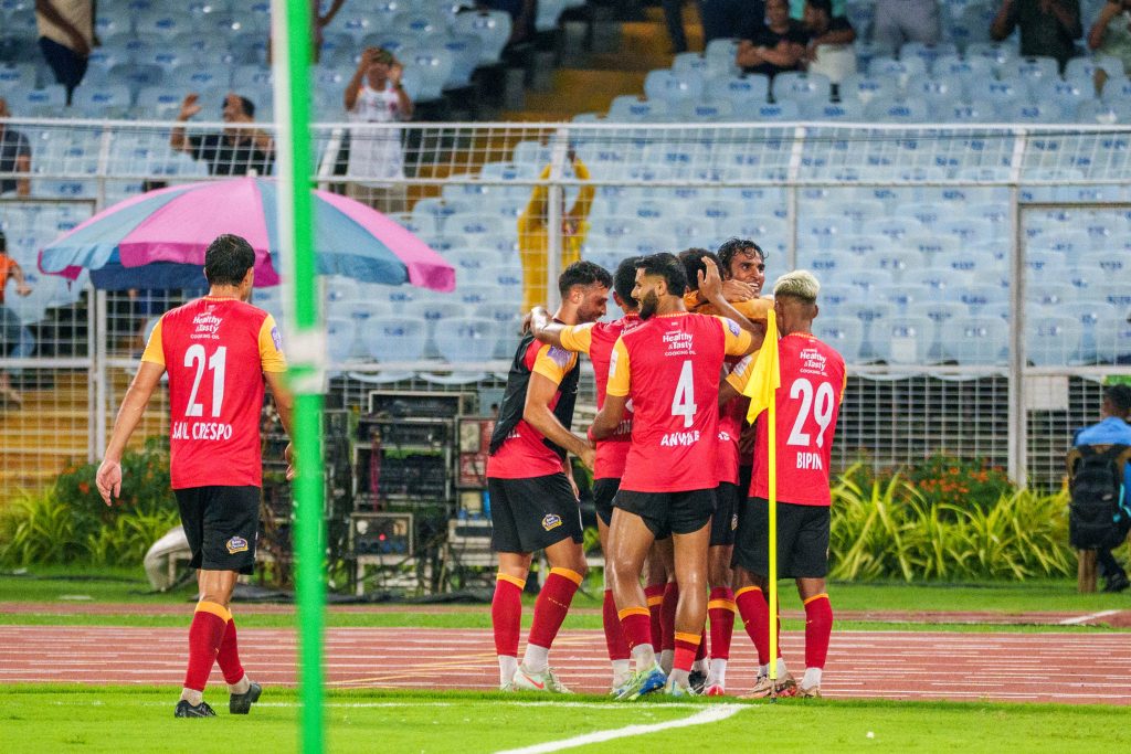 East Bengal FC players celebrating after scoring against Namdhari SA in Durand Cup 2025