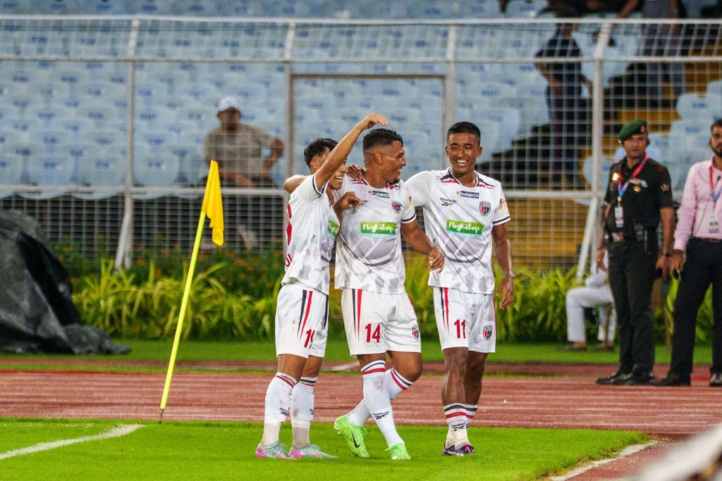 Thoi Singh and NorthEast United FC celebrating after the 3rd goal