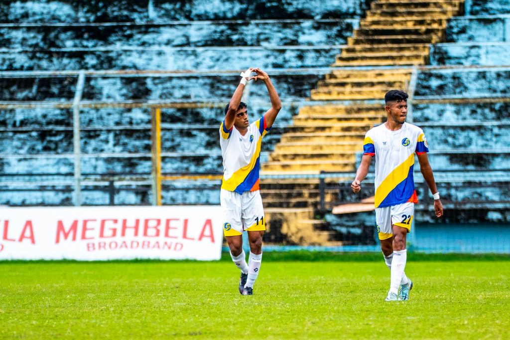 Rajen Oraon of Kalighat MS after scoring against East Bengal