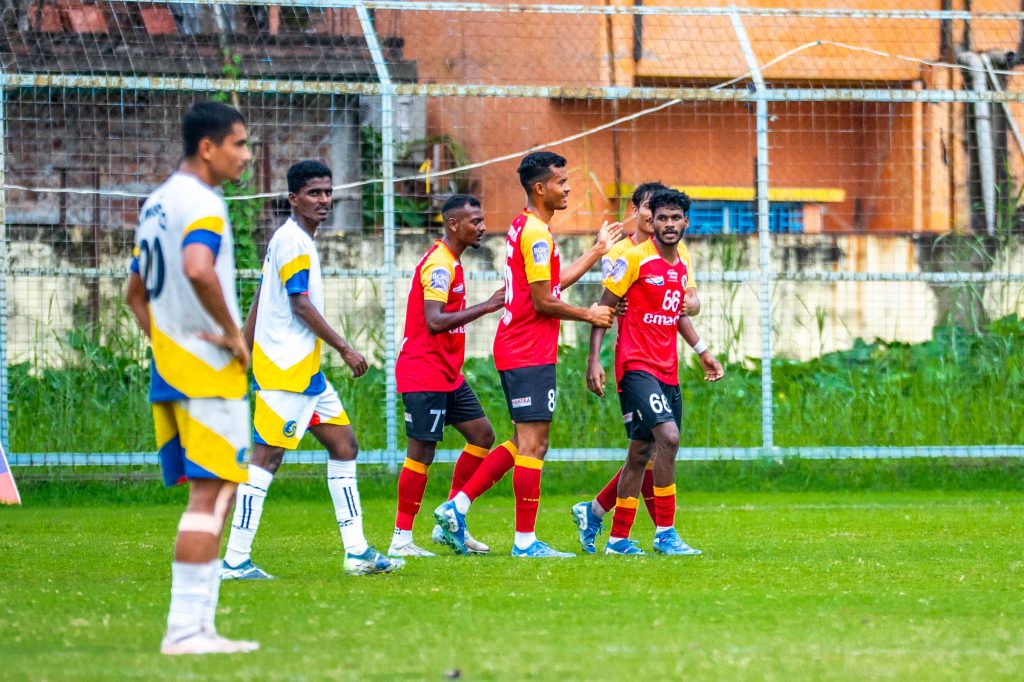 Shyamal Besra and othe East Bengal players celebrating after making the score 3-1 against Kalighat MS