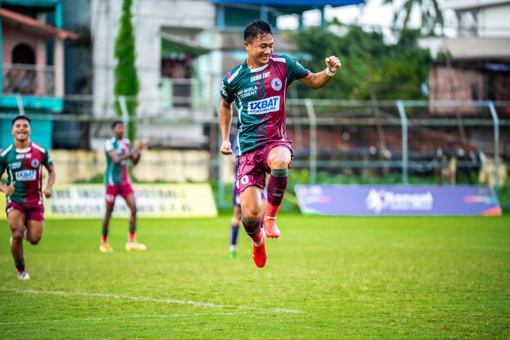 Piush of Mohun Bagan after scoring against Patha Chakra