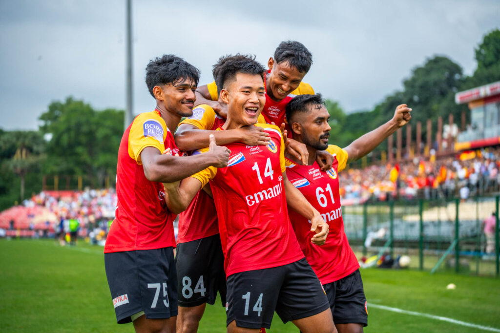 David and other East Bengal's players celebrating David's goal against United SC in CFl 2025