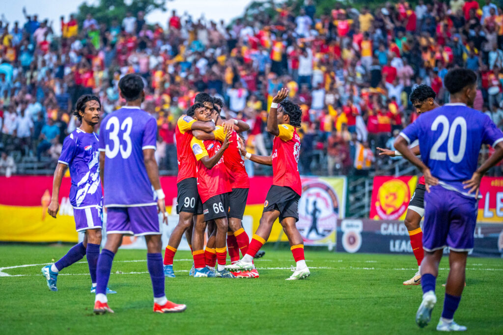 East Bengal players celebrating Shaymal Besra's decisive goal