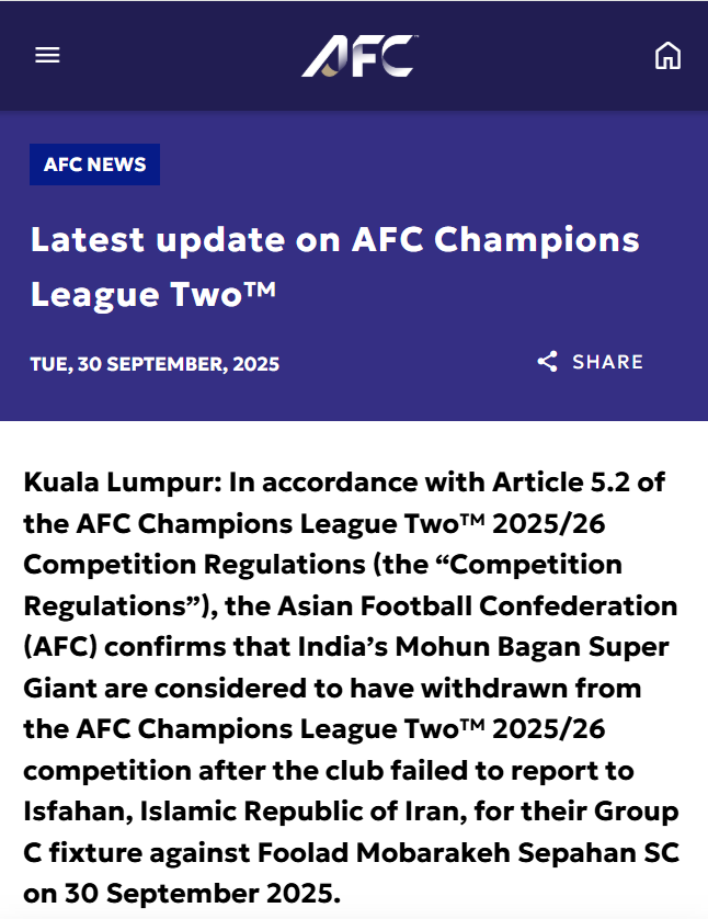 AFC's response on Mohun Bagan Super Giant's not traveling to Iran to play against Sepahan S.C. in AFC Champions League 2 Group stage match