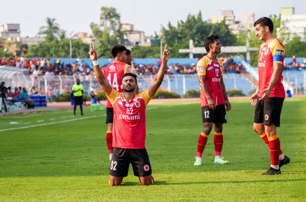 P V Vishnu after scoring the goal against Namdhari
