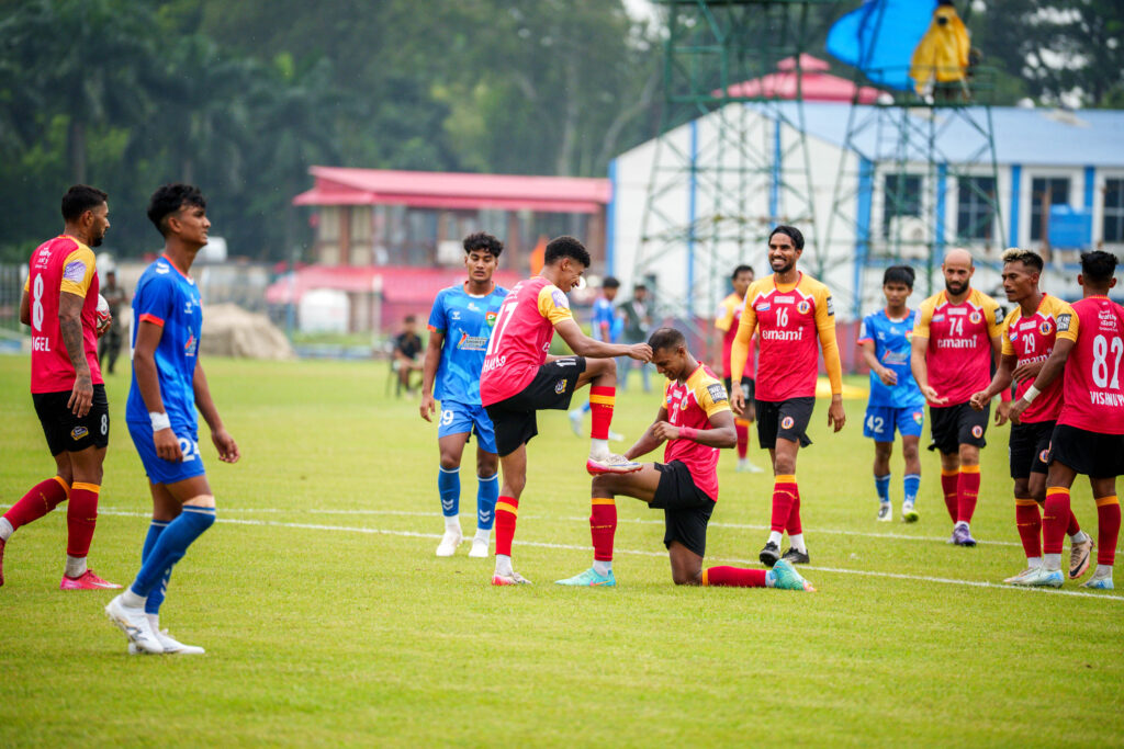 Hamid Ahdad celebrating his goal with East Bengal teammate