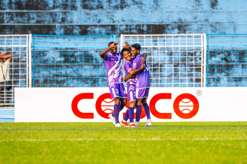 Amit Basak celebrating his goal against Gokulam Kerala with United Sports teammates