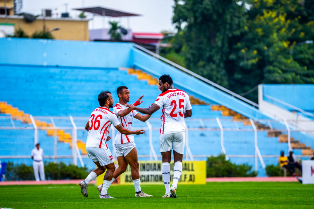 Lamine Moro of Namdhari celebrating his goal against Sreenidi Deccan with team mates
