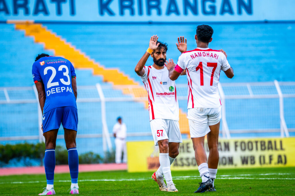 Bhupinder Singh of Namdhari after scoring a goal