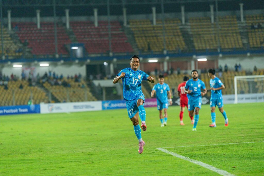 Lallianzuala Chhangte afte scoring against Singapore
