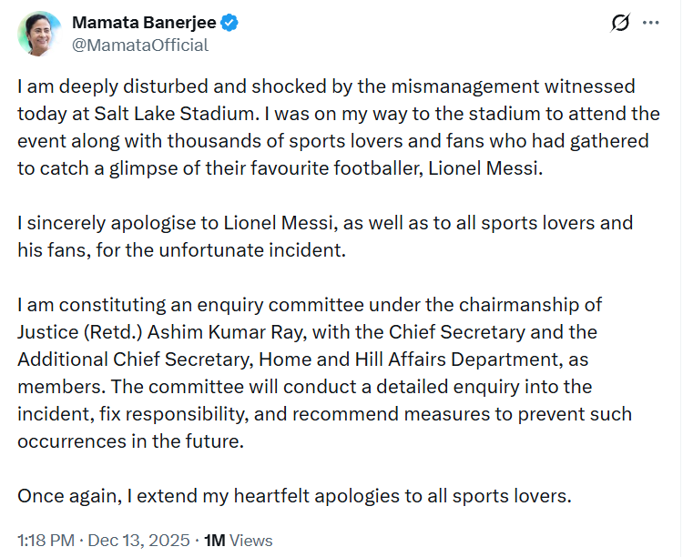 Chief Minister of West Bengal, Mamata Banerjee's post on X