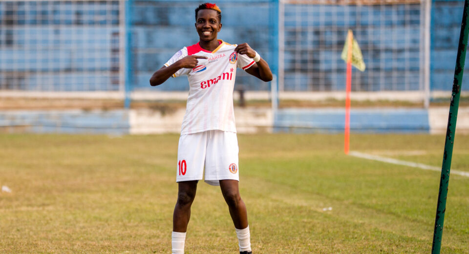 Fazila Ikwaput of East Bengal FC after scoring a goal against Nita FA