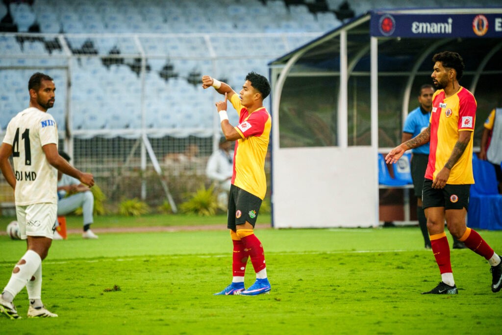 Edmund Lalrindika of East Bengal celebratig after scoring