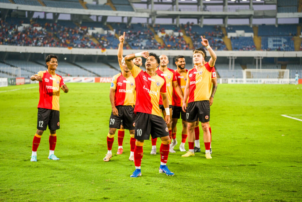 Edmund of East Bengal and other players celebrating goal