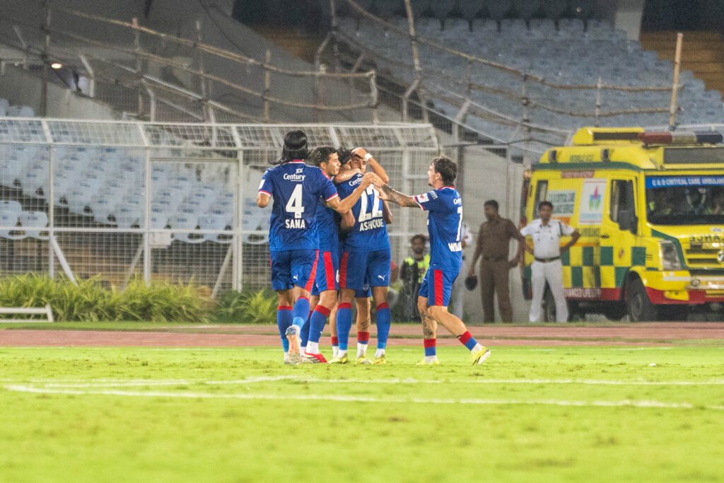 Ashique and Bengaluru FC players celebrating after Ashique's goal