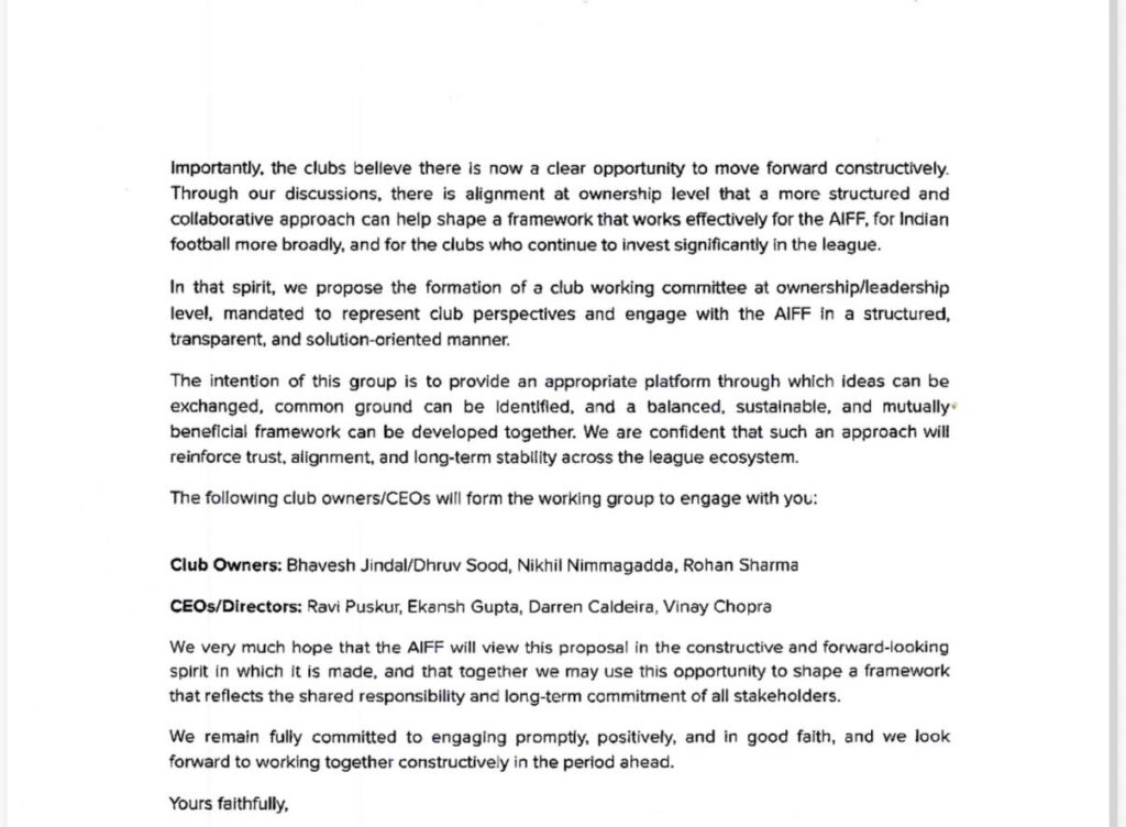 ISL club letter to AIFF page 1