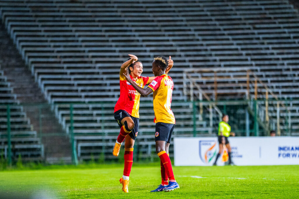 Soumya Goguloth of East Bengal celebrating her goal with with Fazila
