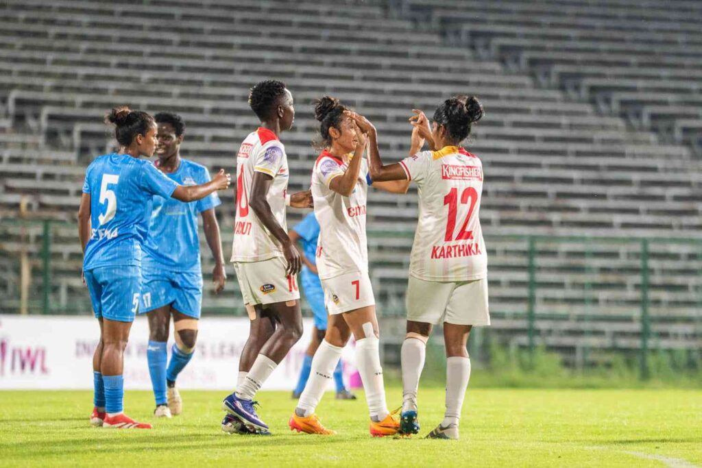 Karthika celebrating after scoring from free kick