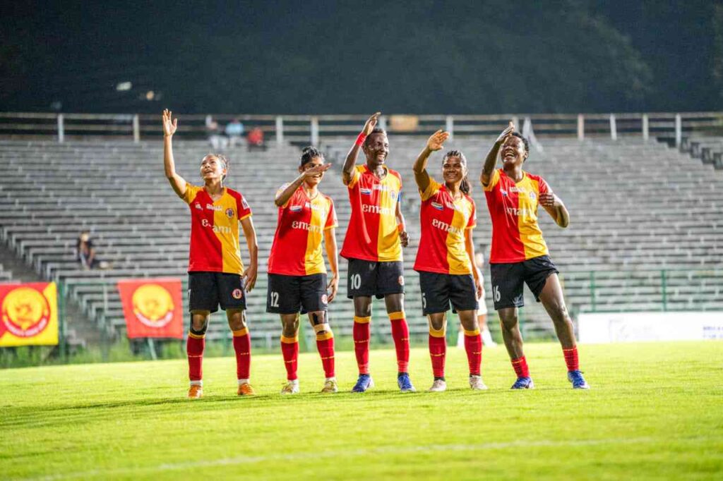 Fazila and other East Bengal players celebrating Fazila's goal