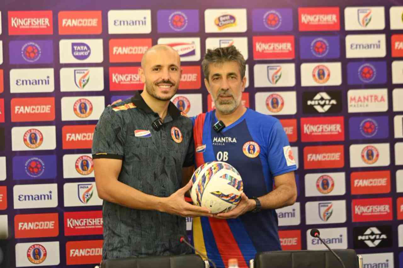 East Bengal FC coach and player at pre match press conference before Inter Kashi match